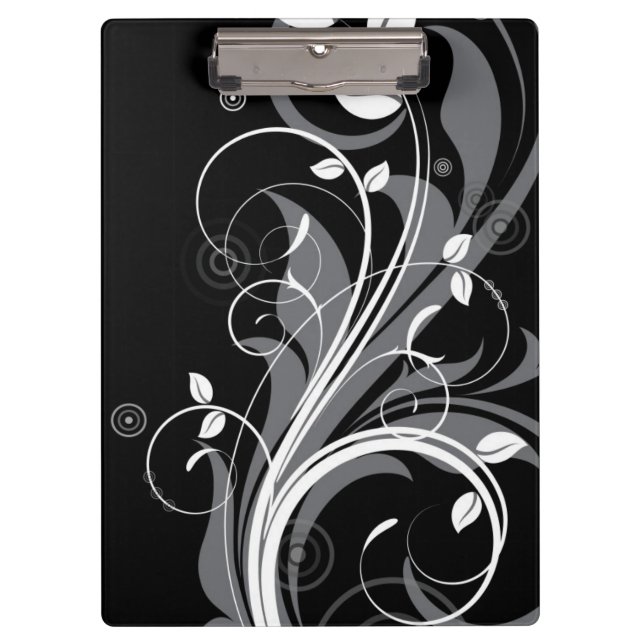 Grey Floral Pattern on Black Clipboard (Front)