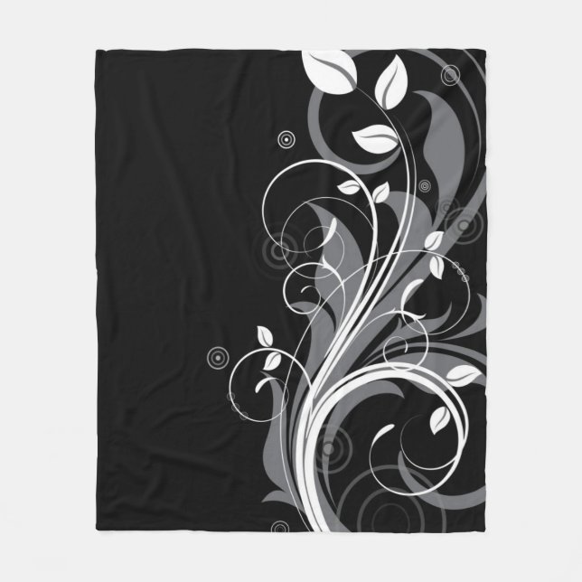 Grey Floral Pattern on Black Fleece Blanket (Front)