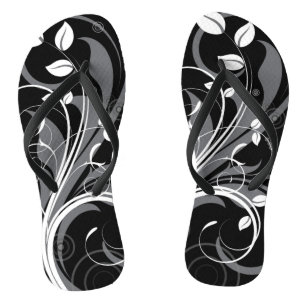 Grey Floral Pattern on Black Flip Flops