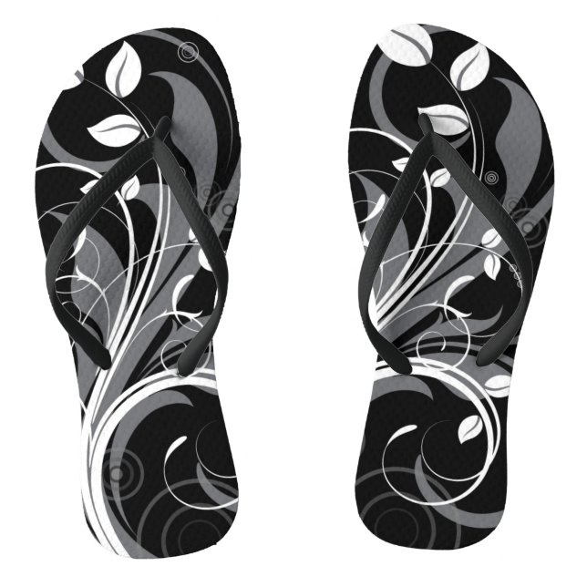 Grey Floral Pattern on Black Flip Flops (Footbed)