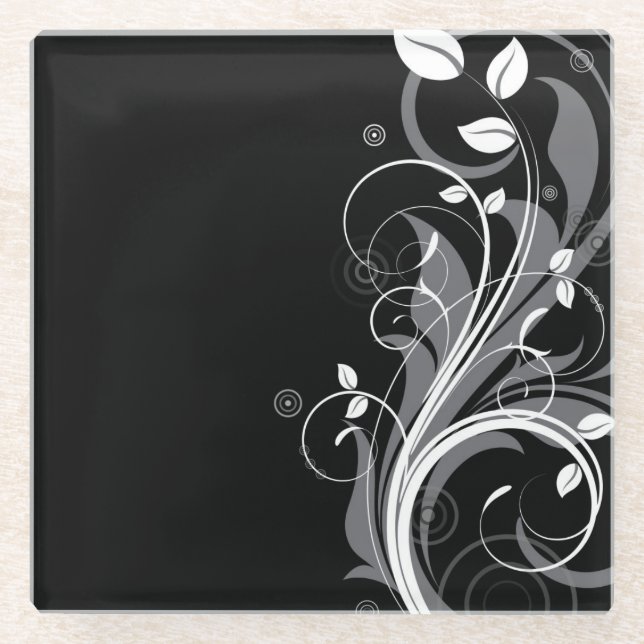 Grey Floral Pattern on Black Glass Coaster (Front)