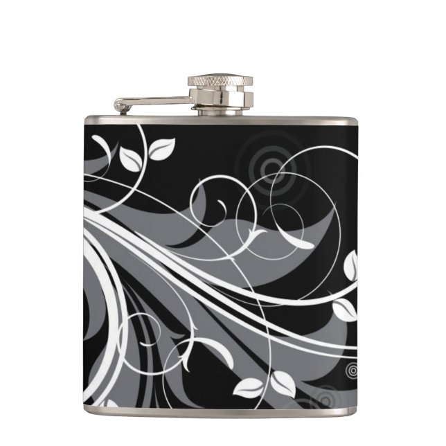 Grey Floral Pattern on Black Hip Flask (Front)