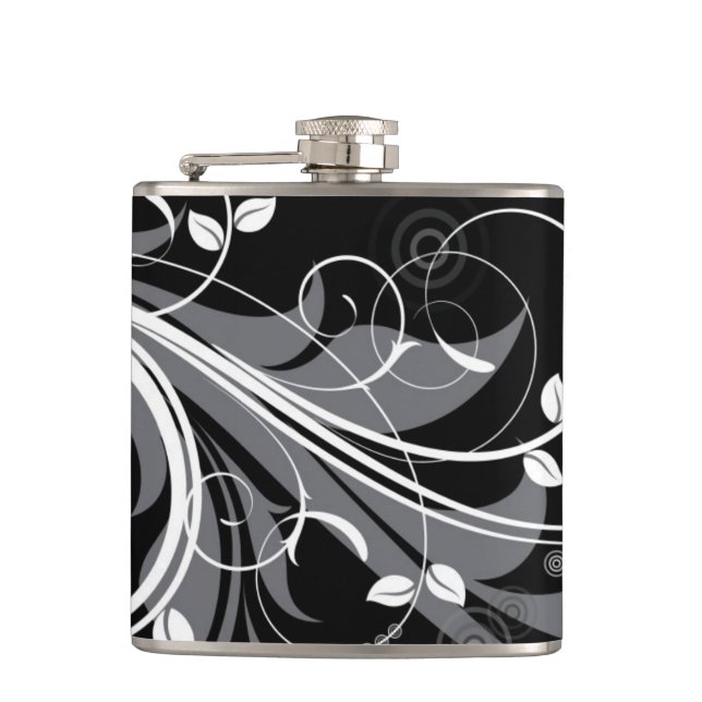 Grey Floral Pattern on Black Hip Flask (Front)