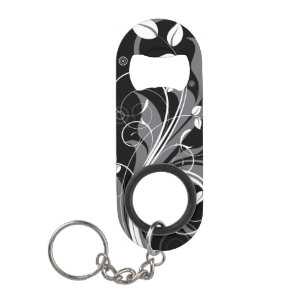 Grey Floral Pattern on Black Keychain Bottle Opener