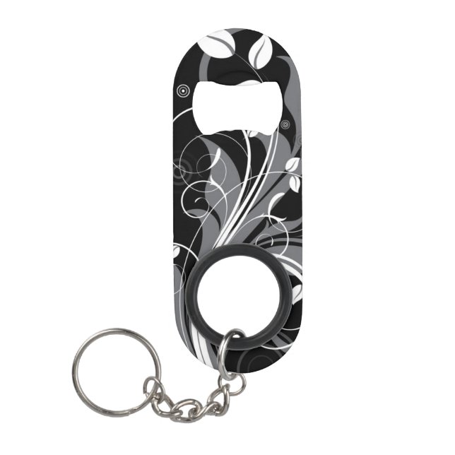 Grey Floral Pattern on Black Keychain Bottle Opener (Front)