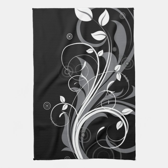 Grey Floral Pattern on Black Kitchen Towel (Vertical)