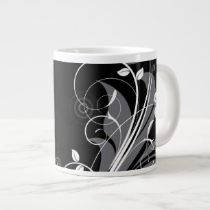 Grey Floral Pattern on Black Large Coffee Mug
