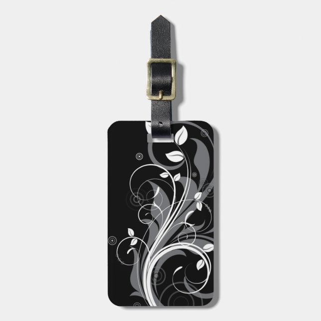 Grey Floral Pattern on Black Luggage Tag (Front Vertical)