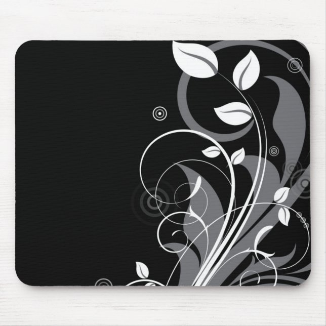 Grey Floral Pattern on Black Mouse Pad (Front)