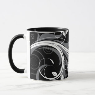 Grey Floral Pattern on Black Mug