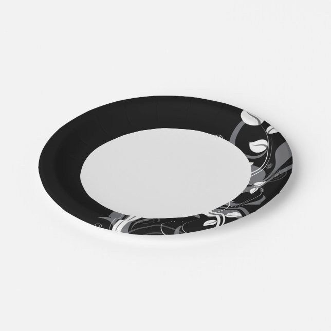 Grey Floral Pattern on Black Paper Plate (Angled)