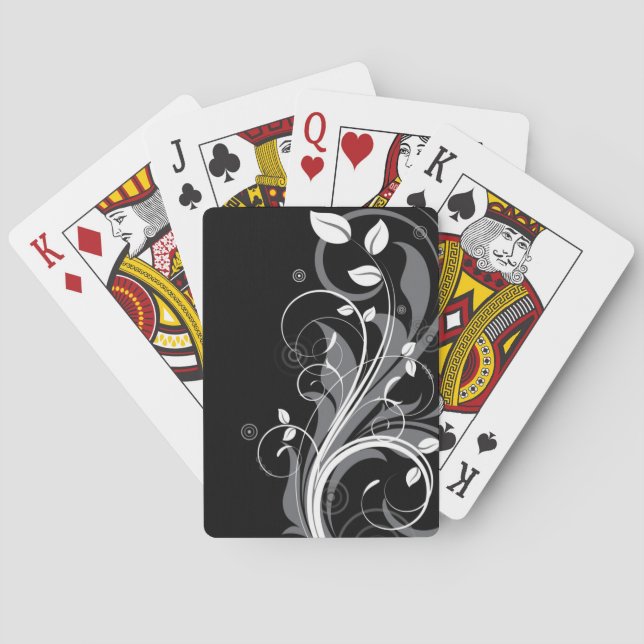Grey Floral Pattern on Black Playing Cards (Back)