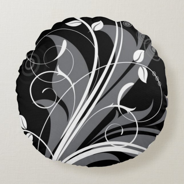 Grey Floral Pattern on Black Round Pillow (Front)