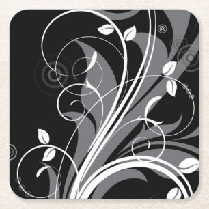Grey Floral Pattern on Black Square Paper Coaster