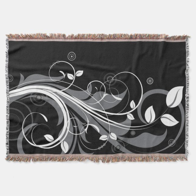 Grey Floral Pattern on Black Throw Blanket (Front)