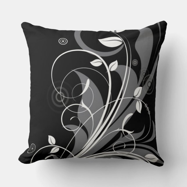 Grey Floral Pattern on Black Throw Pillow (Front)