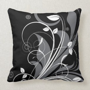 Grey Floral Pattern on Black Throw Pillow