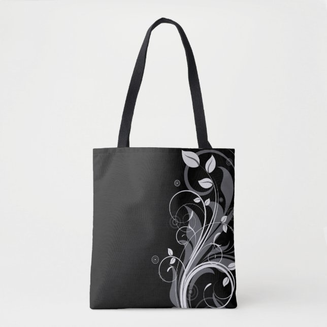 Grey Floral Pattern on Black Tote Bag (Front)
