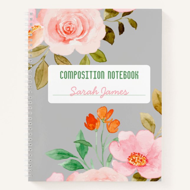 Grey Floral Personalized Composition Journal (Front)