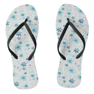 Grey floral , retro , grey , blue , elegant flip flops