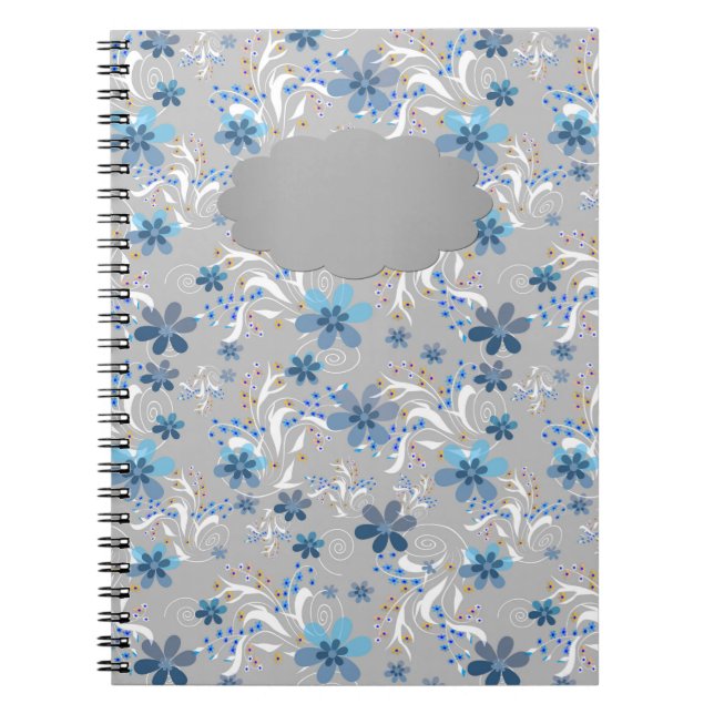 Grey floral , retro , grey , blue , elegant notebook (Front)