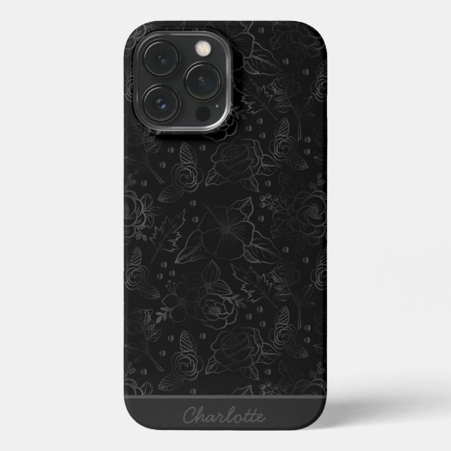 Grey floral seamless pattern personalized name iPhone case (Back)