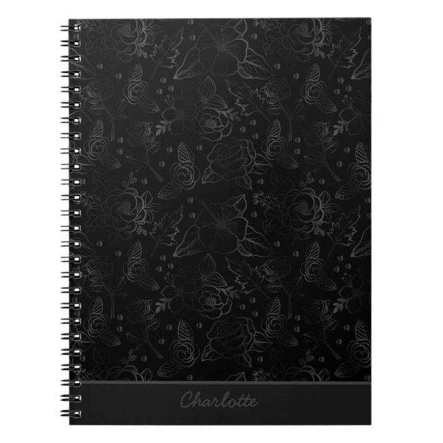 Grey floral seamless pattern personalized name  notebook (Front)