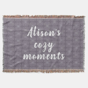 Grey floral tiles with text Alison’s cozy moments Throw Blanket