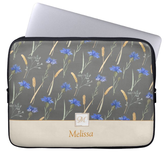 Grey Floral Wildflower Monogram Laptop Sleeve (Front)
