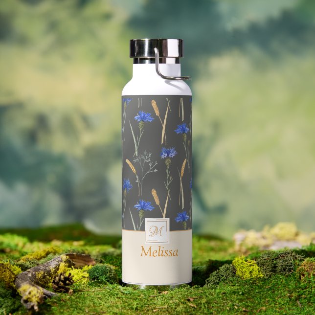 Grey Floral Wildflower Monogram Water Bottle (Outdoor)