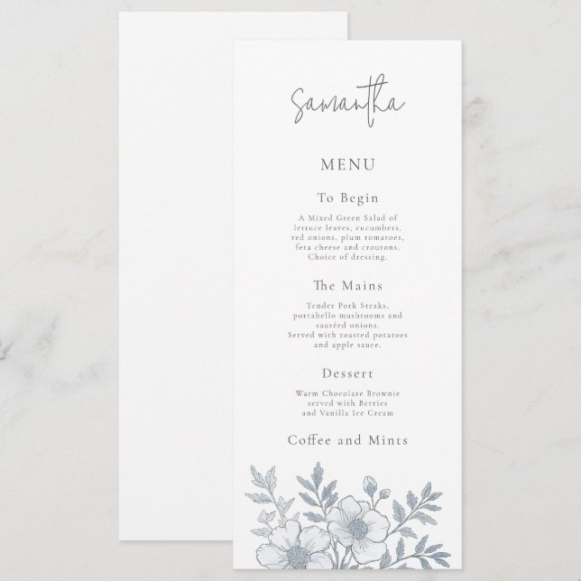 Grey Florals Wedding Menu Card with Guest Name (Front/Back)