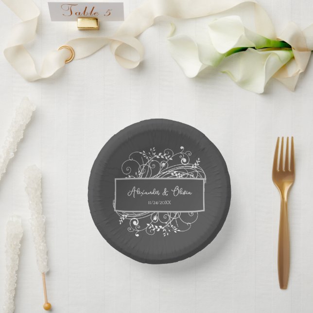Grey Flourish Wedding Shower Paper Bowls Paper Plate (Wedding)