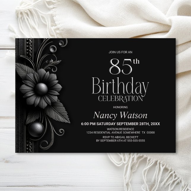 Grey Flower 85th Birthday Party Invitation (Creator Uploaded)