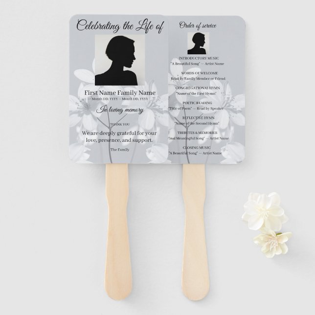 Grey flower order of service hand fan (Front and Back)
