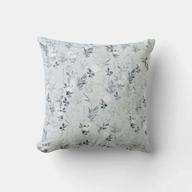 Grey Flowers Botanical Painting Throw Pillow (Front)