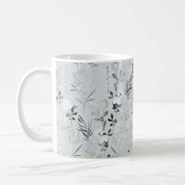 Grey Flowers Painting Botanical Coffee Mug (Left)