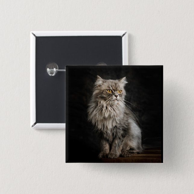 Grey Fluffy Cat  2 Inch Square Button (Front & Back)