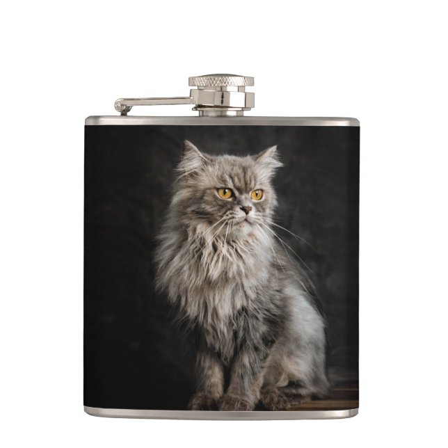 Grey Fluffy Cat  Hip Flask (Front)