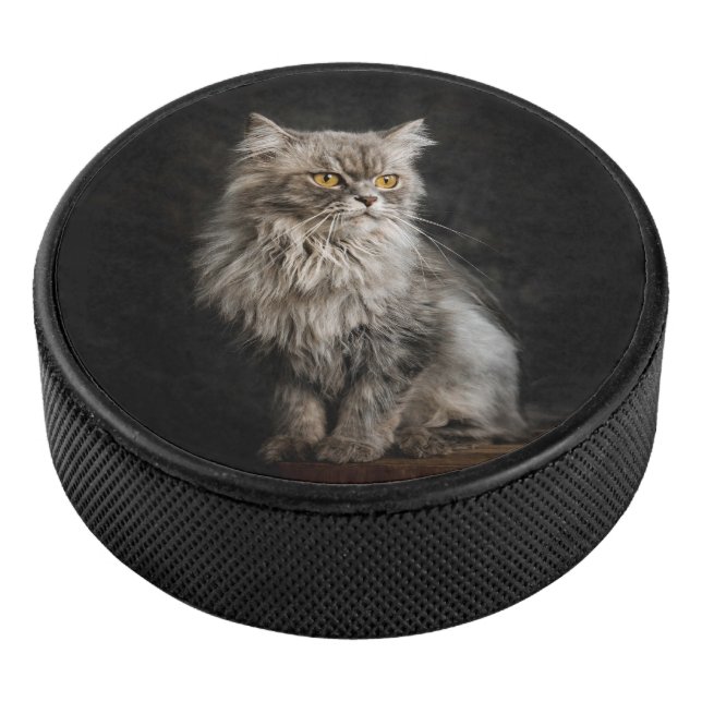 Grey Fluffy Cat  Hockey Puck (3/4)