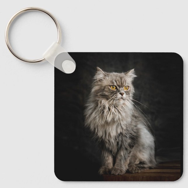 Grey Fluffy Cat  Keychain (Front)