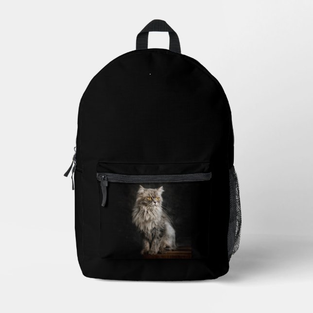 Grey Fluffy Cat  Printed Backpack (Front)