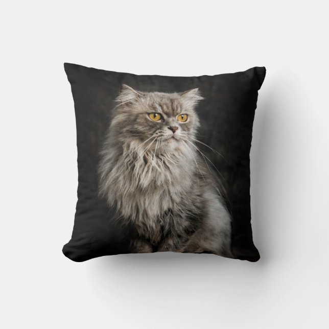 Grey Fluffy Cat  Throw Pillow (Front)