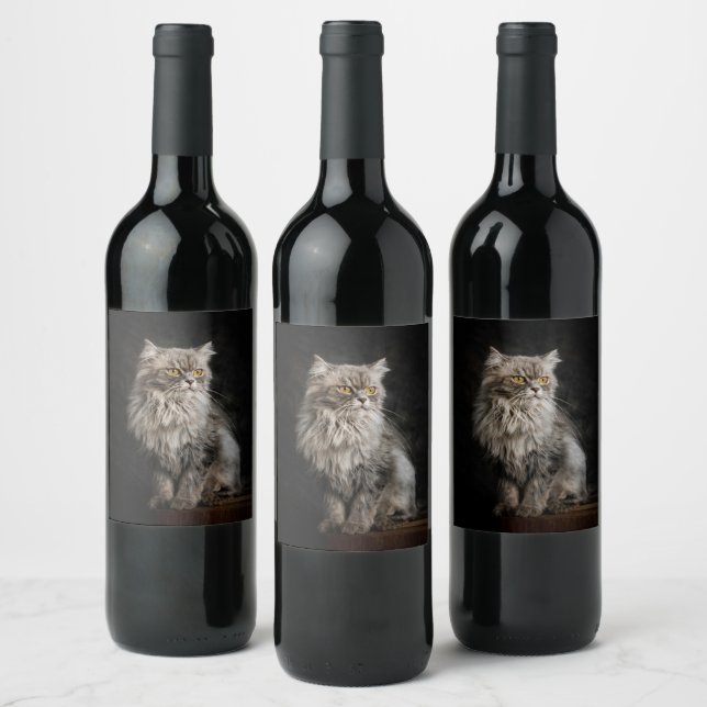 Grey Fluffy Cat  Wine Label (Bottles)