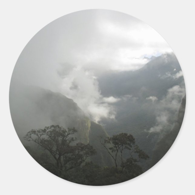 Grey Foggy Clouds above the Mountains Classic Round Sticker (Front)