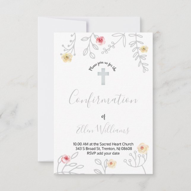 grey foliage and roses Confirmation Invitation (Front)
