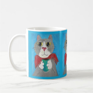 Grey Folk Art Cat with Coffee Cozy Cute Mug