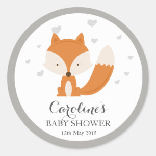 Grey Fox Woodland Love Heart Baby Shower Sticker