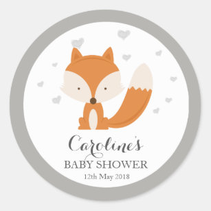 Grey Fox Woodland Love Heart Baby Shower Sticker Classic Round Sticker