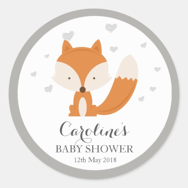 Grey Fox Woodland Love Heart Baby Shower Sticker Classic Round Sticker (Front)