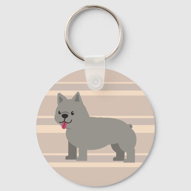 Grey French Bulldog, Beige Striped Keychain (Front)